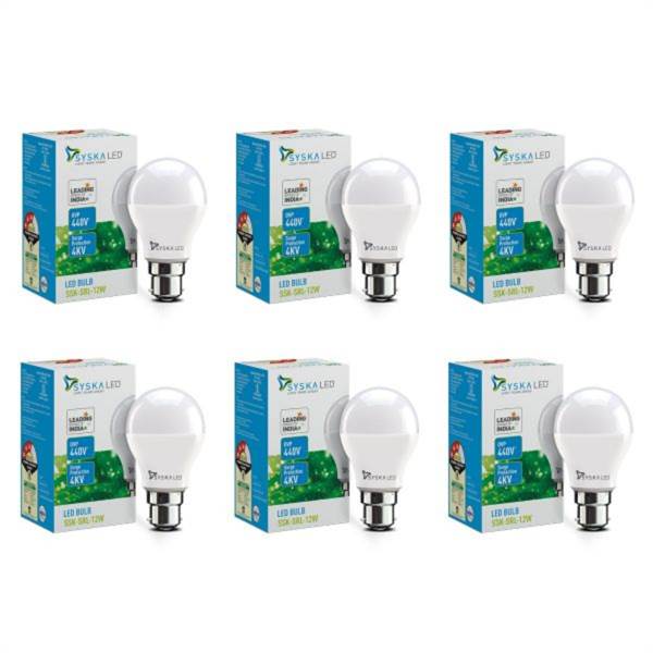 SYSKA 12W LED Bulb with Energy Saving, No Mercury, Life Span up to 50000 Hrs- White (Pack of 6)